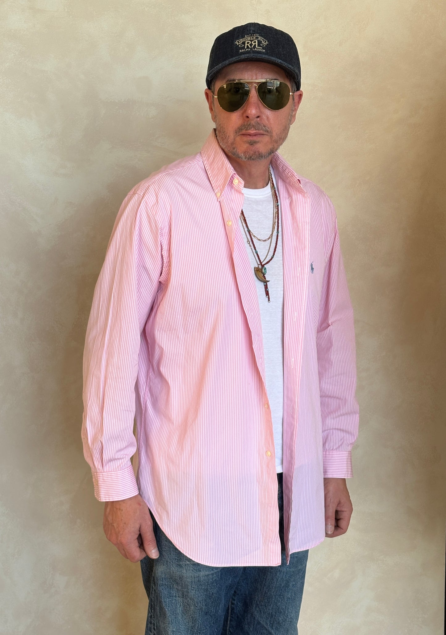 Ralph Lauren Classic Fit Shirt 16.5/35 Pink White Stripe Cotton Made in Philippines