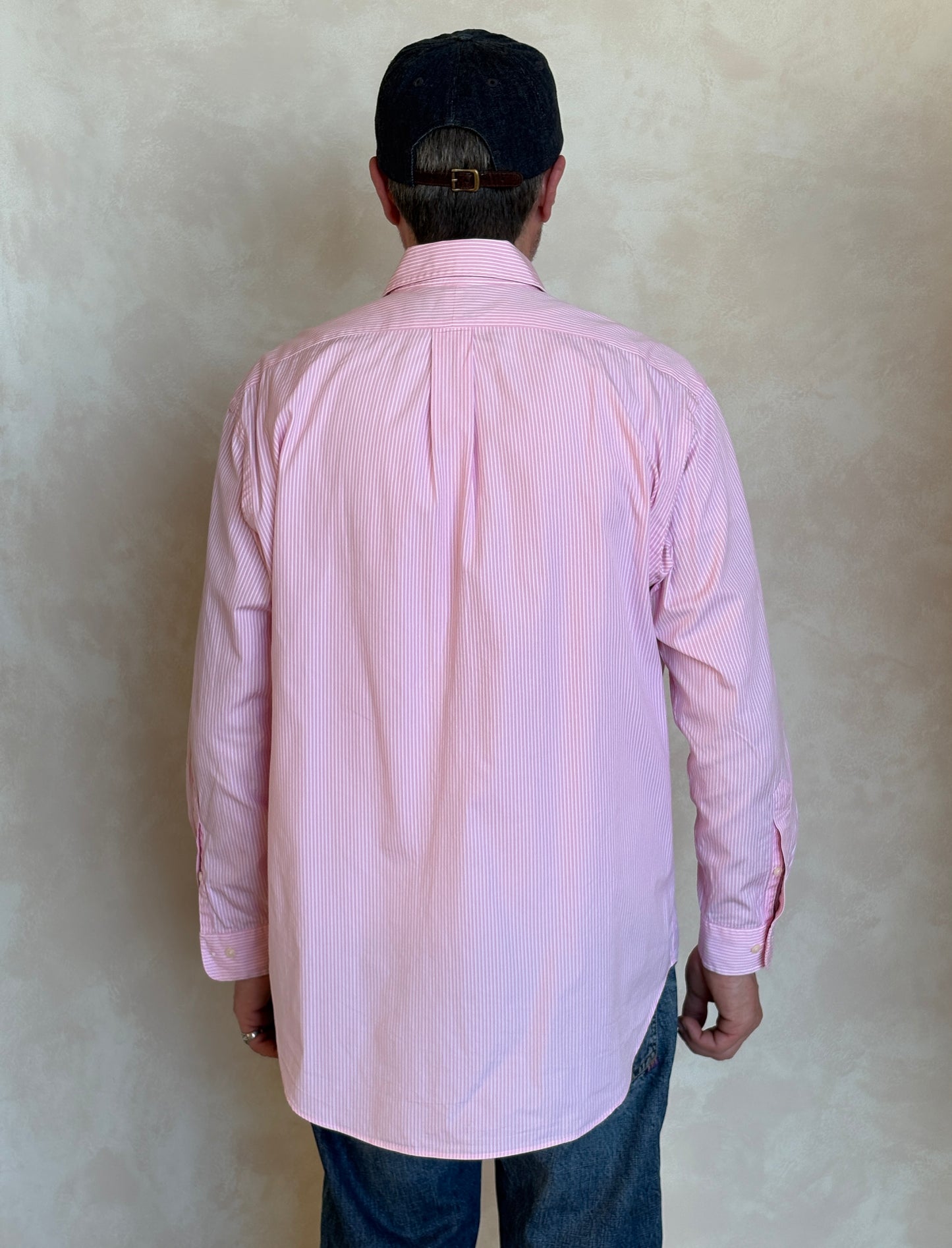 Ralph Lauren Classic Fit Shirt 16.5/35 Pink White Stripe Cotton Made in Philippines