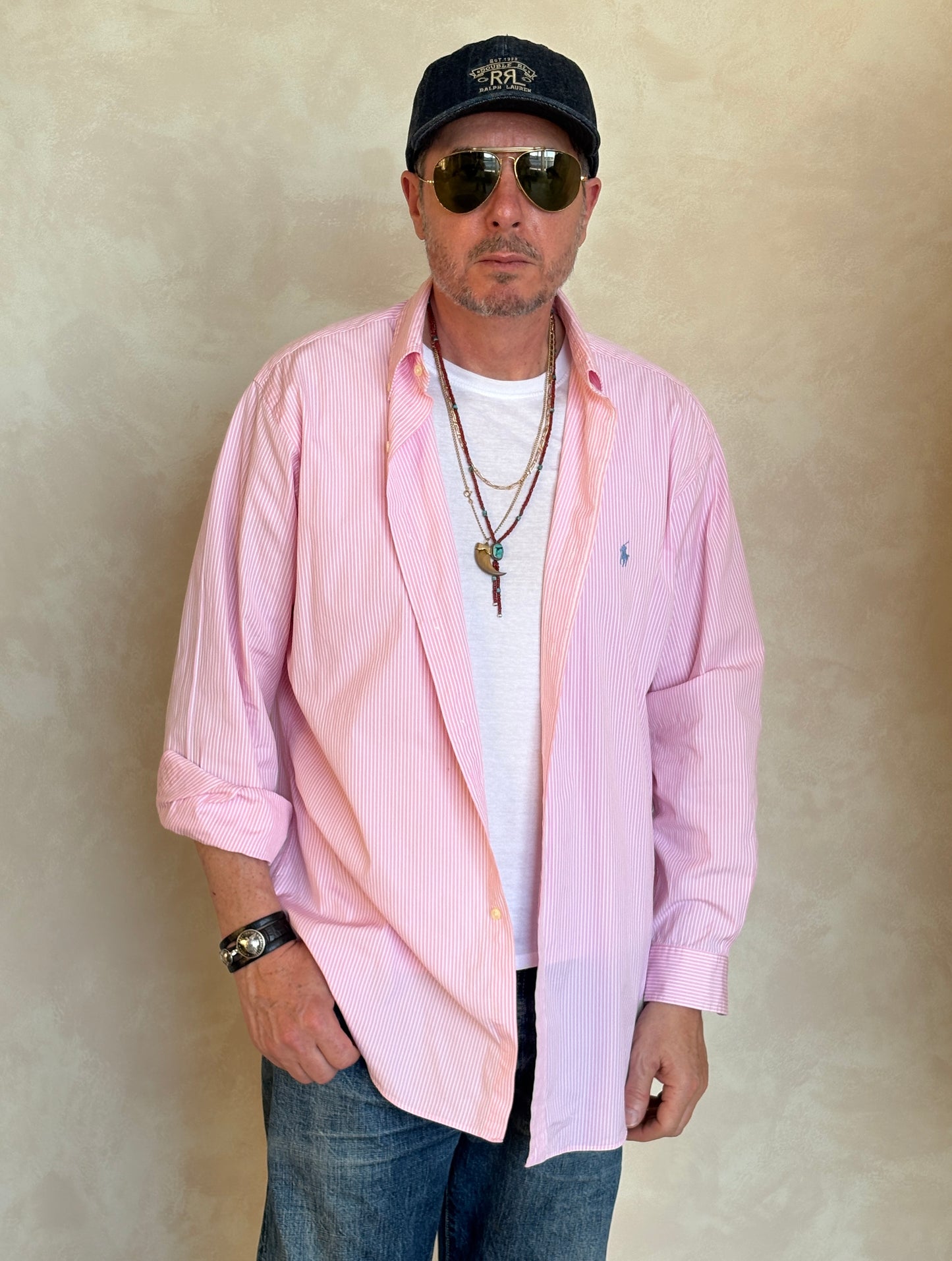 Ralph Lauren Classic Fit Shirt 16.5/35 Pink White Stripe Cotton Made in Philippines