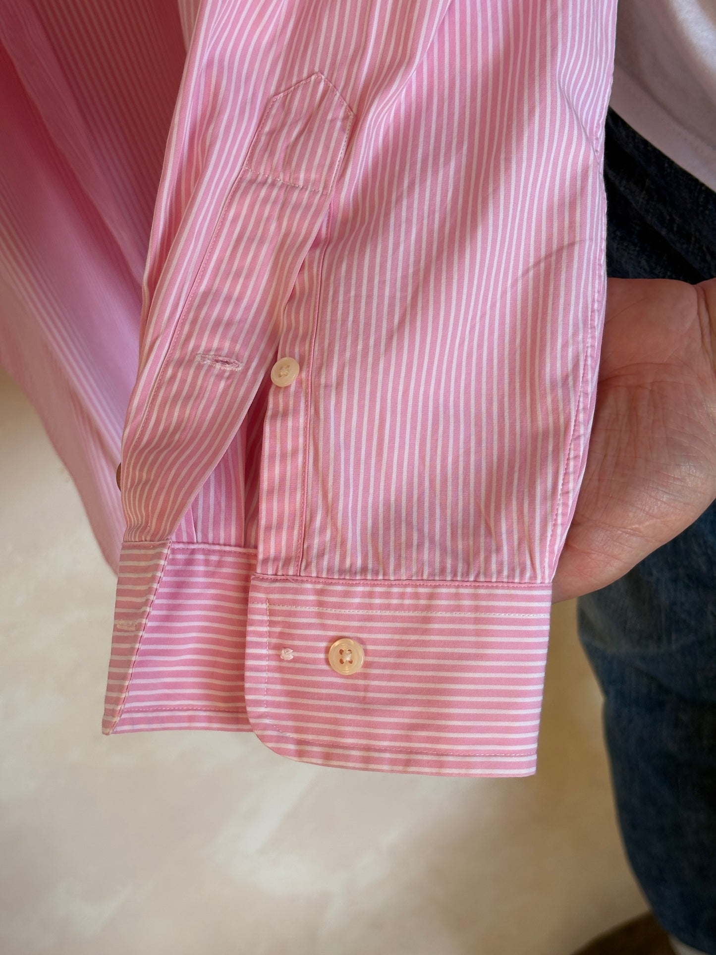 Ralph Lauren Classic Fit Shirt 16.5/35 Pink White Stripe Cotton Made in Philippines
