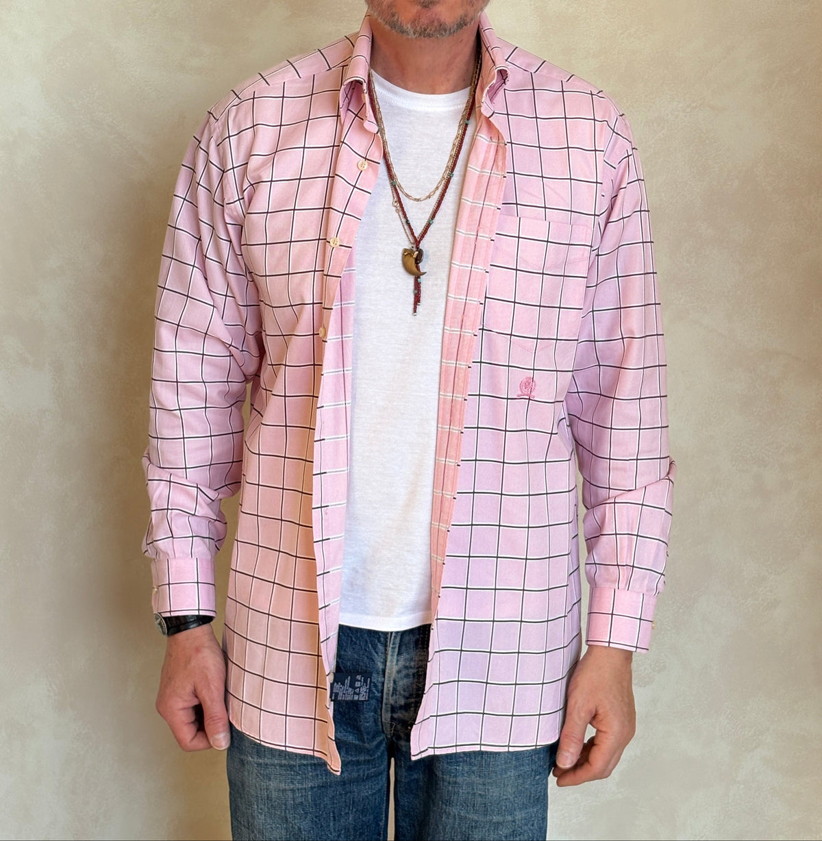 Tommy Hilfiger Shirt Medium Pink Windowpane Check 80s 2 Ply Cotton-AJ357 Studio