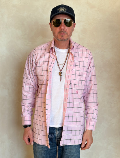 Tommy Hilfiger Shirt Medium Pink Windowpane Check 80s 2 Ply Cotton