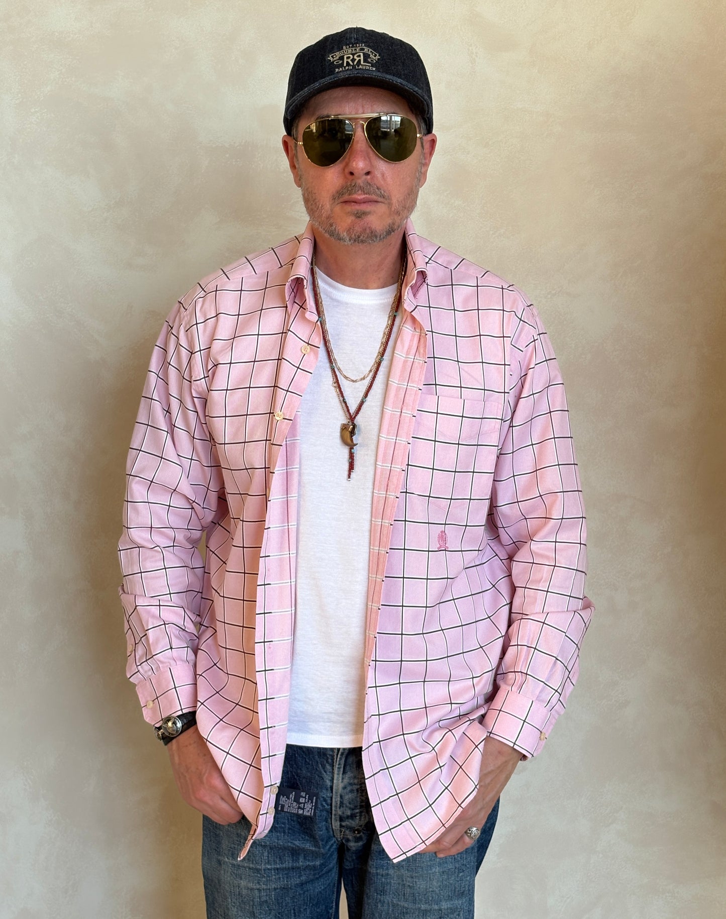 Tommy Hilfiger Shirt Medium Pink Windowpane Check 80s 2 Ply Cotton