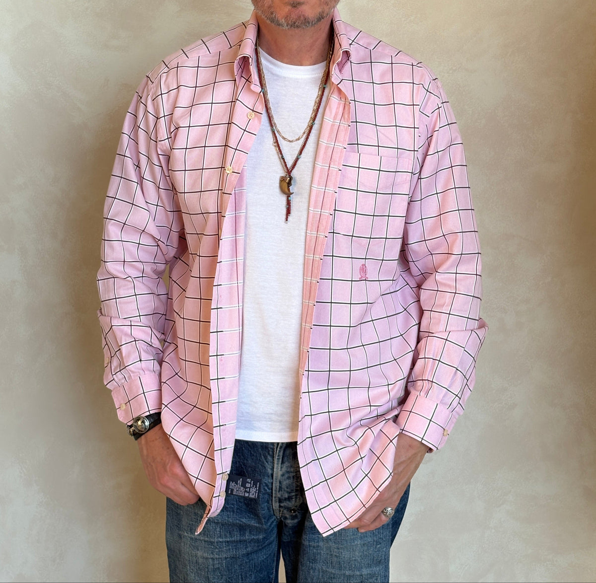 Tommy Hilfiger Shirt Medium Pink Windowpane Check 80s 2 Ply Cotton-AJ357 Studio