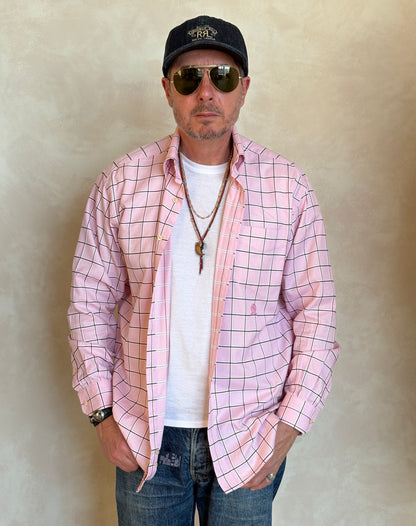 Tommy Hilfiger Shirt Medium Pink Windowpane Check 80s 2 Ply Cotton