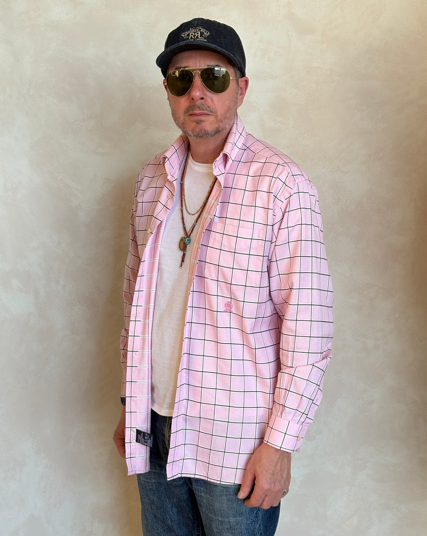 Tommy Hilfiger Shirt Medium Pink Windowpane Check 80s 2 Ply Cotton