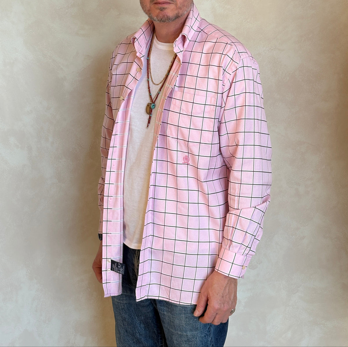Tommy Hilfiger Shirt Medium Pink Windowpane Check 80s 2 Ply Cotton-AJ357 Studio