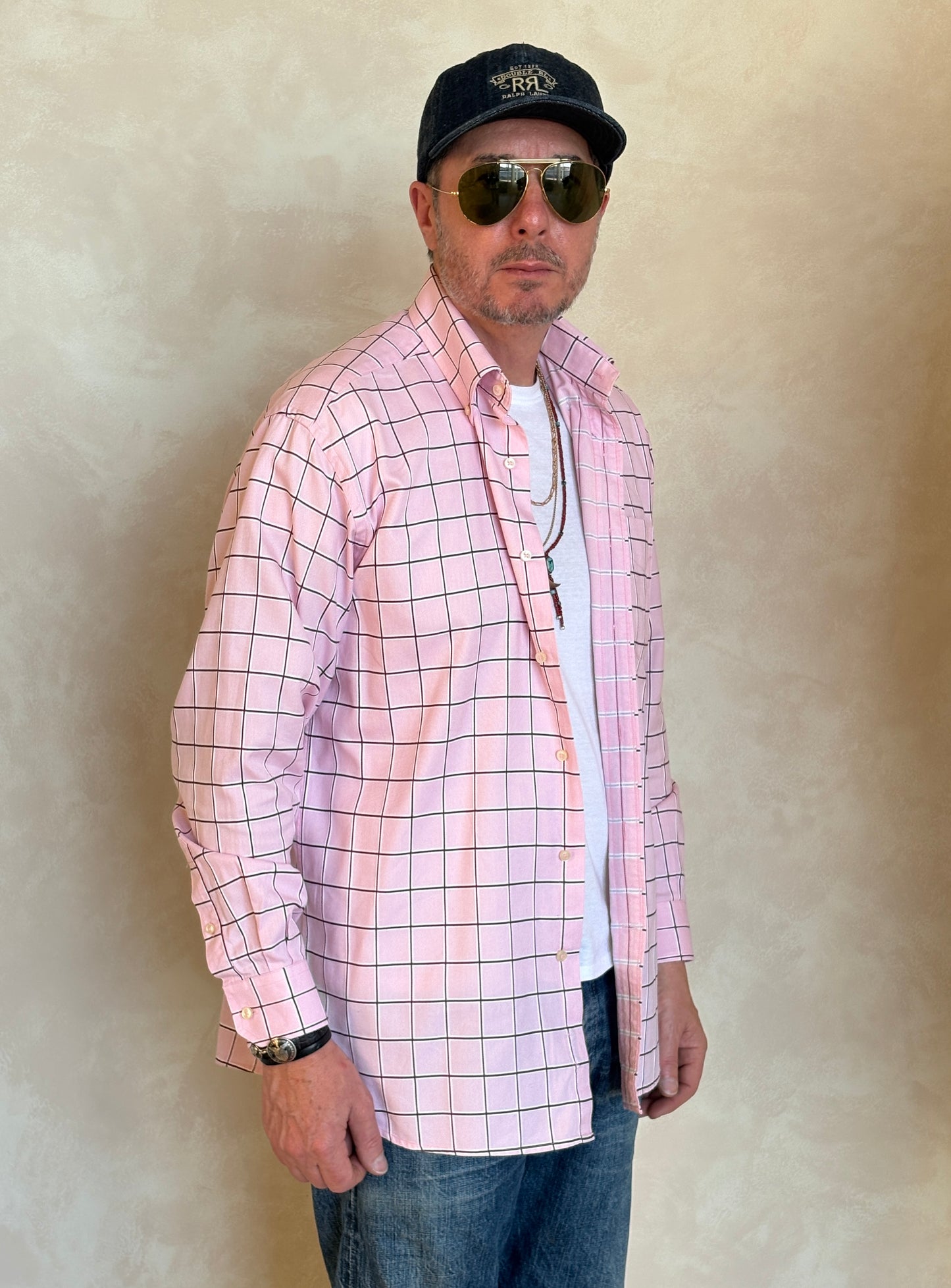 Tommy Hilfiger Shirt Medium Pink Windowpane Check 80s 2 Ply Cotton