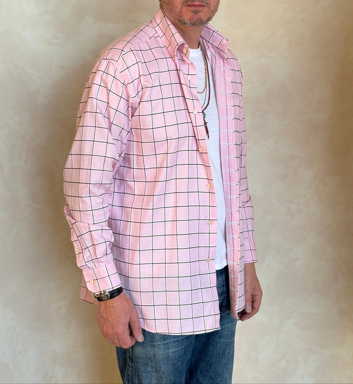 Tommy Hilfiger Shirt Medium Pink Windowpane Check 80s 2 Ply Cotton-AJ357 Studio