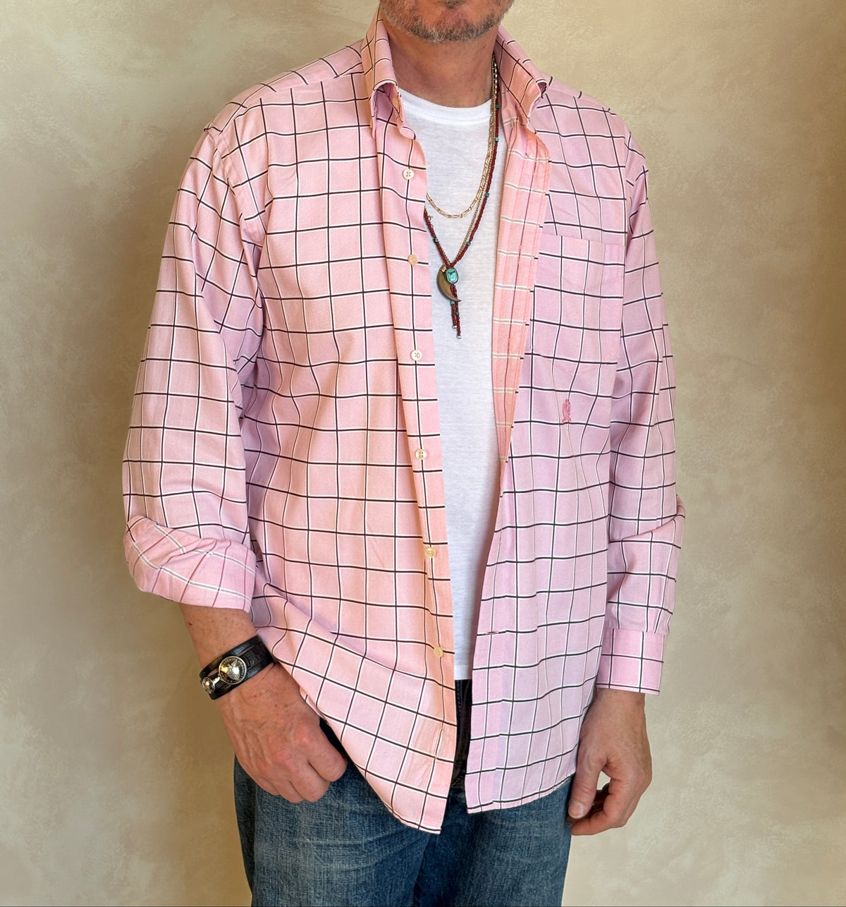 Tommy Hilfiger Shirt Medium Pink Windowpane Check 80s 2 Ply Cotton-AJ357 Studio