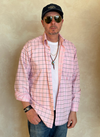 Tommy Hilfiger Shirt Medium Pink Windowpane Check 80s 2 Ply Cotton