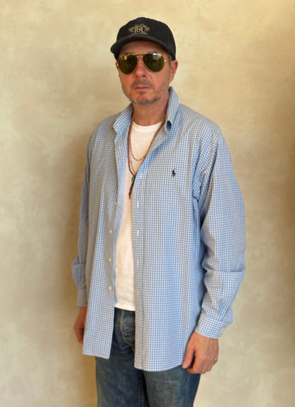 Polo Ralph Lauren Lowell Sport Shirt L Blue Gingham 2-Ply Cotton