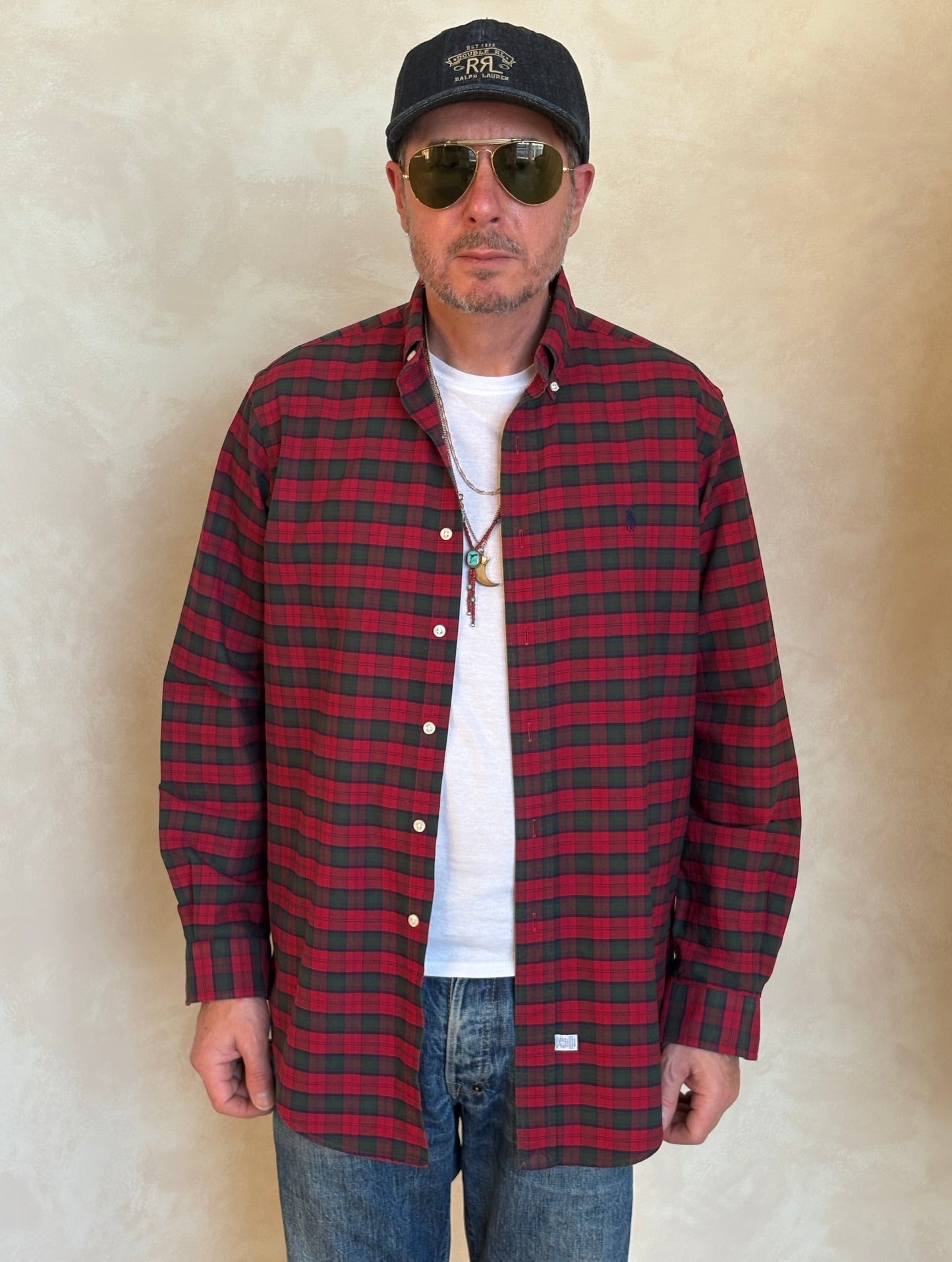 Ralph Lauren Shirt Medium Red Green Tartan Plaid 100% Cotton Vintage