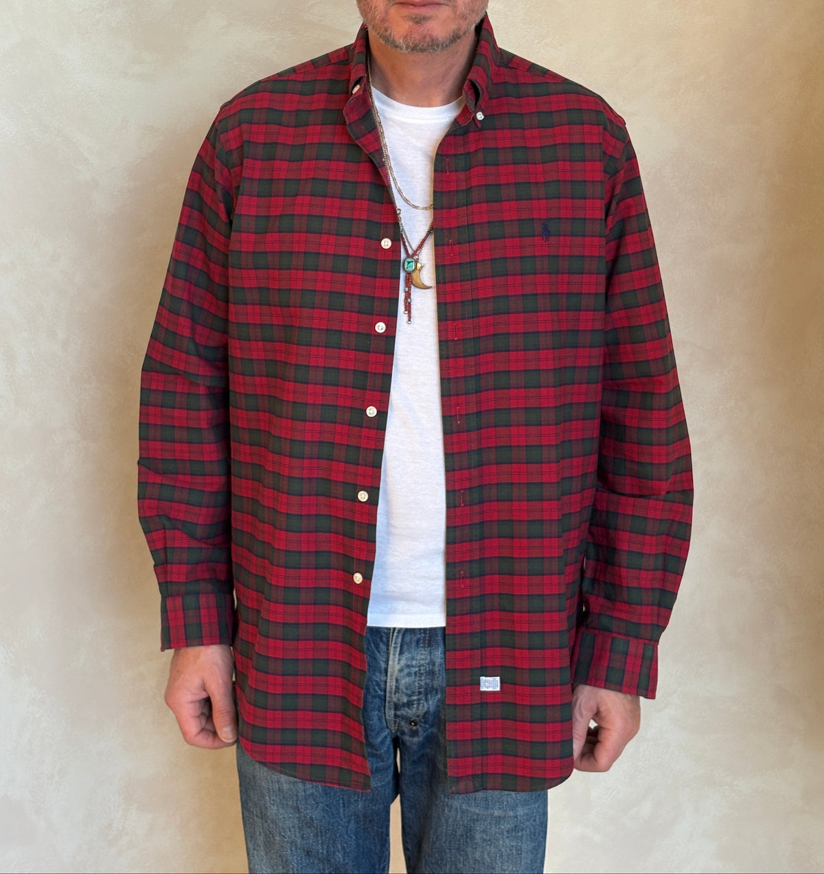 Ralph Lauren Shirt Medium Red Green Tartan Plaid 100% Cotton Vintage-AJ357 Studio