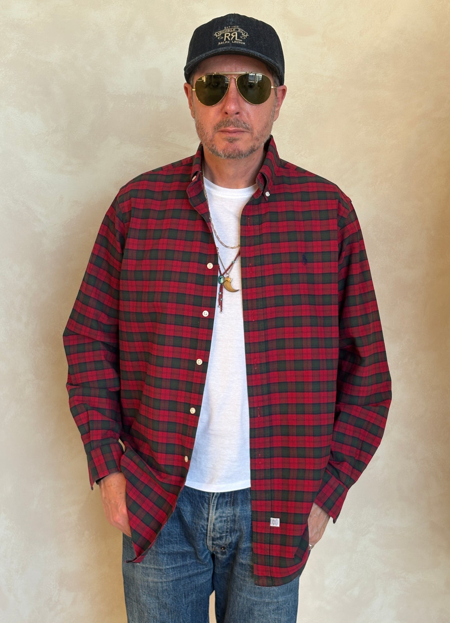 Ralph Lauren Shirt Medium Red Green Tartan Plaid 100% Cotton Vintage