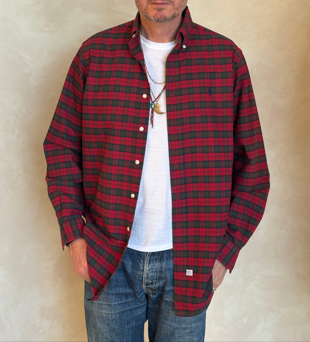 Ralph Lauren Shirt Medium Red Green Tartan Plaid 100% Cotton Vintage-AJ357 Studio