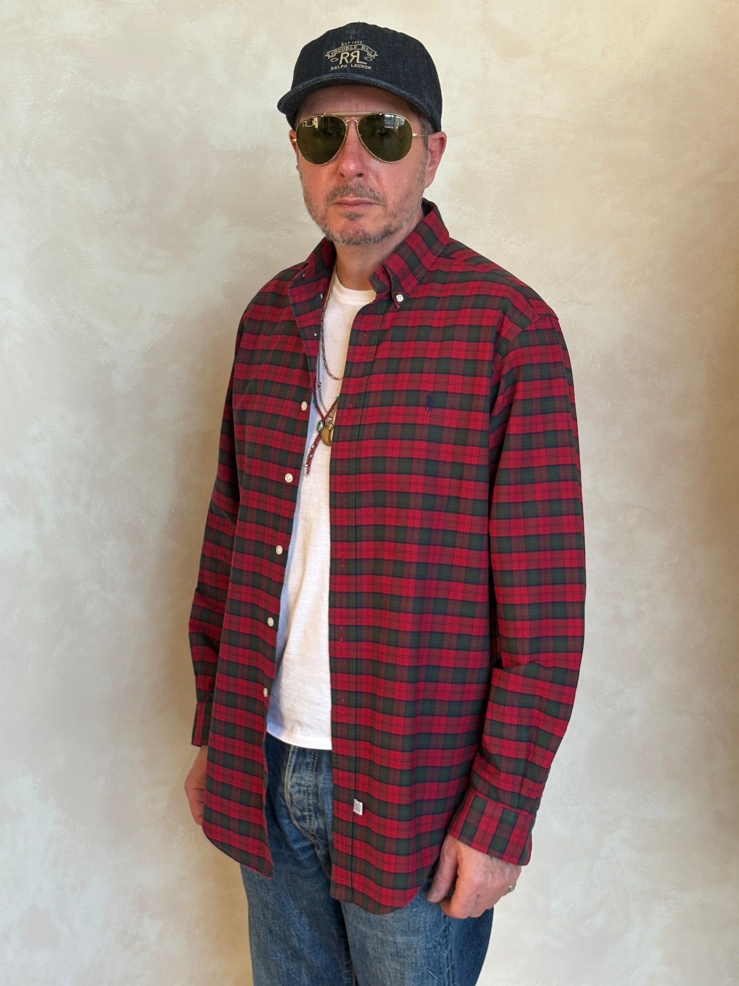 Ralph Lauren Shirt Medium Red Green Tartan Plaid 100% Cotton Vintage