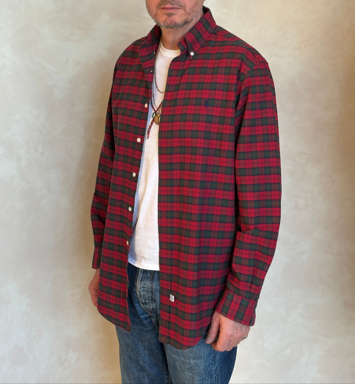 Ralph Lauren Shirt Medium Red Green Tartan Plaid 100% Cotton Vintage-AJ357 Studio