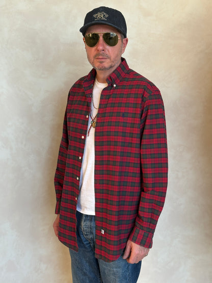Ralph Lauren Shirt Medium Red Green Tartan Plaid 100% Cotton Vintage