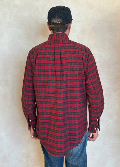 Ralph Lauren Shirt Medium Red Green Tartan Plaid 100% Cotton Vintage