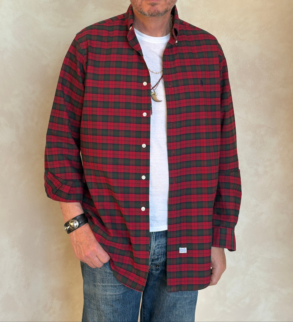 Ralph Lauren Shirt Medium Red Green Tartan Plaid 100% Cotton Vintage-AJ357 Studio