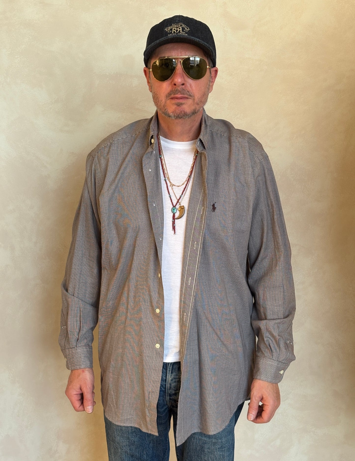 Ralph Lauren Blake Shirt Large Brown Houndstooth 100% Cotton Vintage