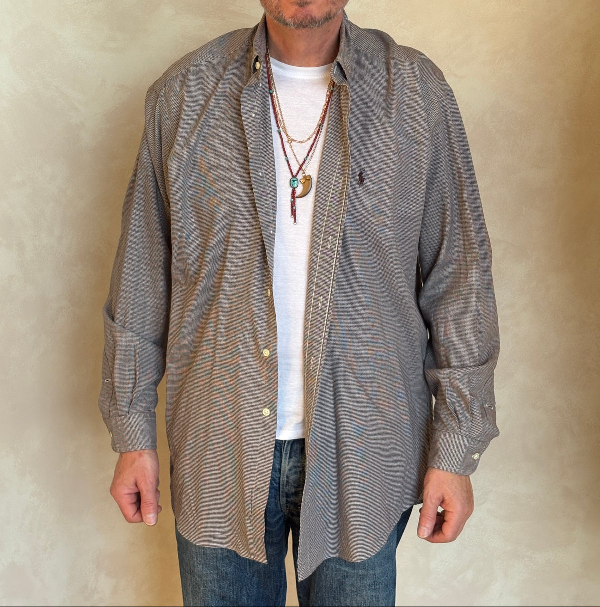 Ralph Lauren Blake Shirt Large Brown Houndstooth 100% Cotton Vintage-AJ357 Studio