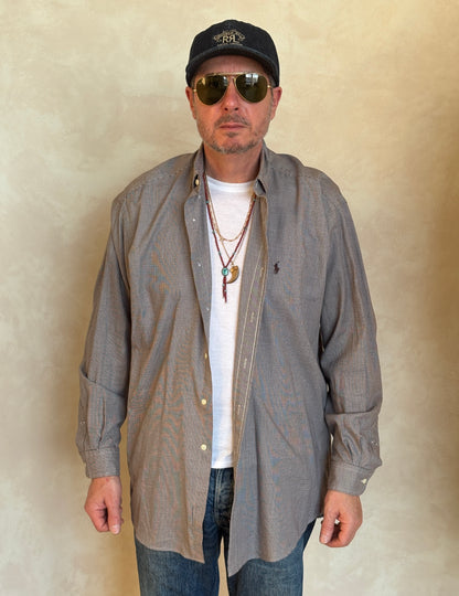 Ralph Lauren Blake Shirt Large Brown Houndstooth 100% Cotton Vintage