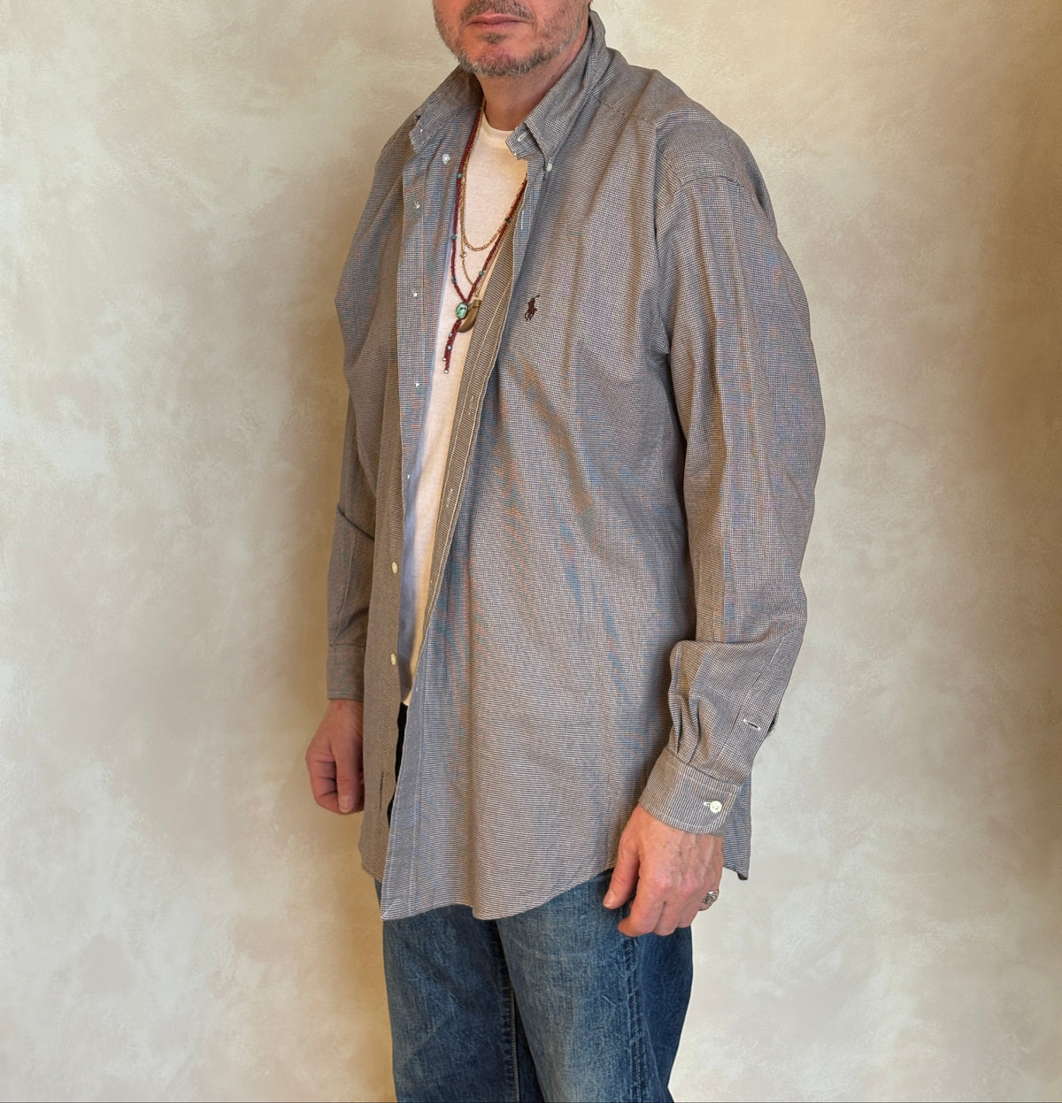 Ralph Lauren Blake Shirt Large Brown Houndstooth 100% Cotton Vintage-AJ357 Studio