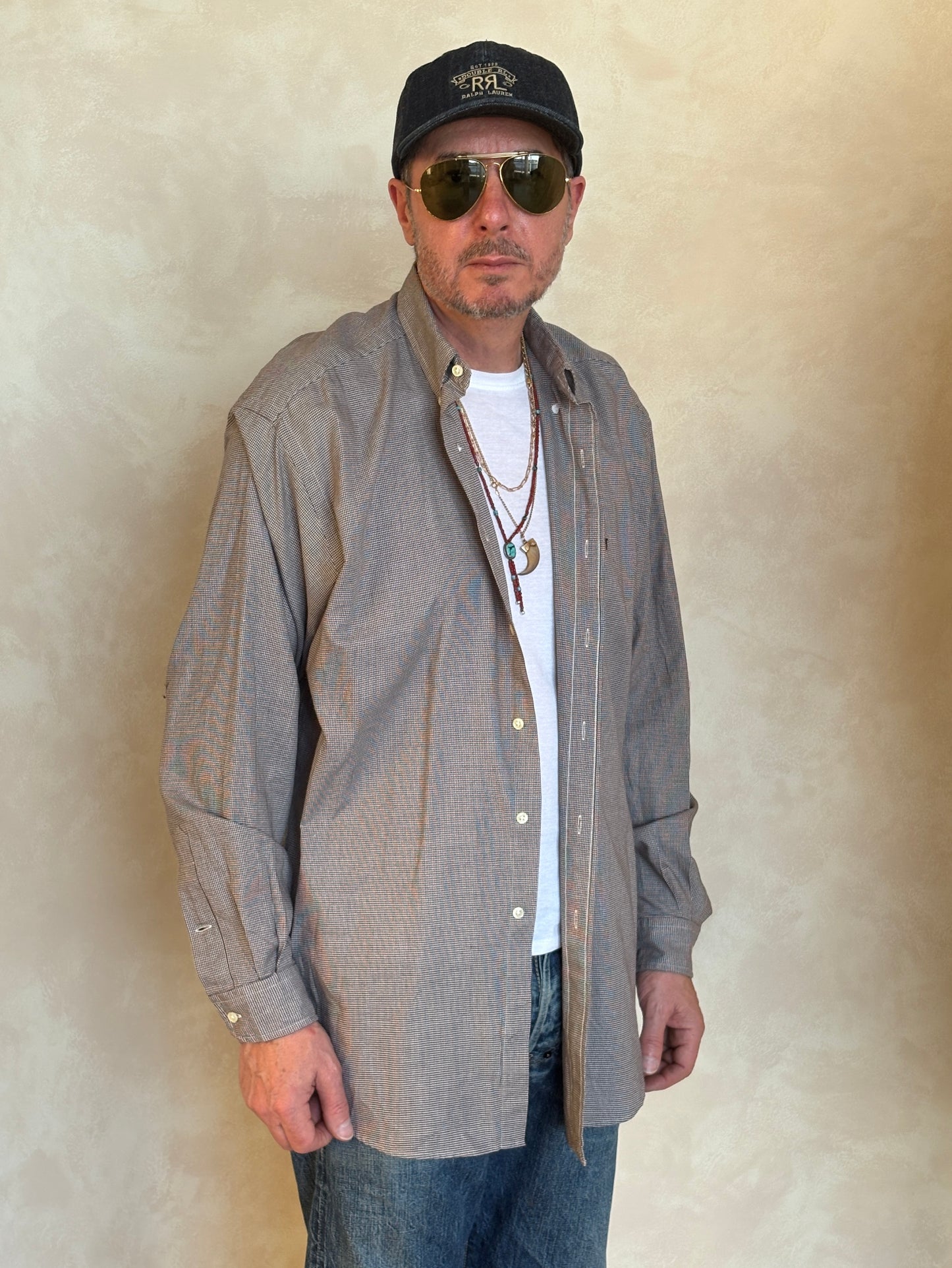 Ralph Lauren Blake Shirt Large Brown Houndstooth 100% Cotton Vintage