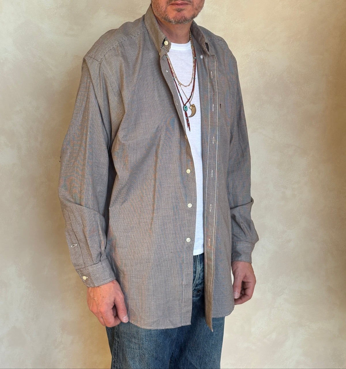 Ralph Lauren Blake Shirt Large Brown Houndstooth 100% Cotton Vintage-AJ357 Studio