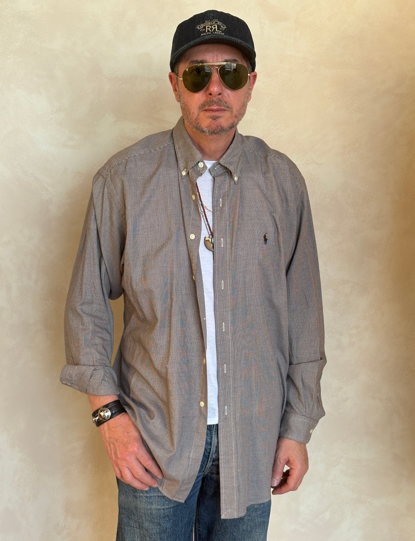 Ralph Lauren Blake Shirt Large Brown Houndstooth 100% Cotton Vintage