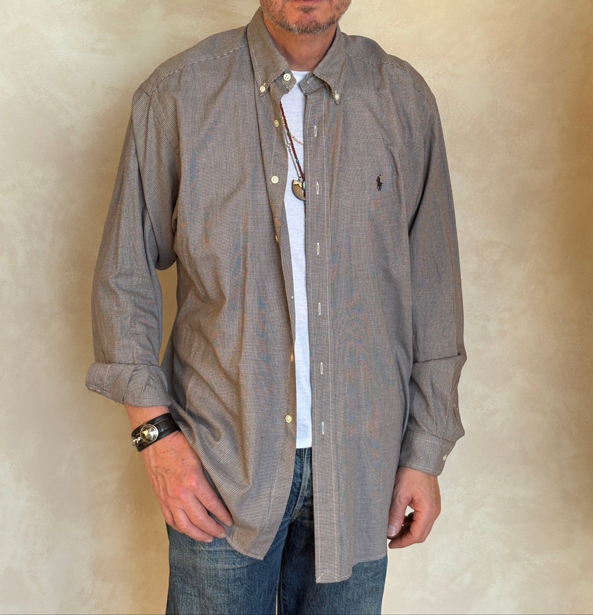 Ralph Lauren Blake Shirt Large Brown Houndstooth 100% Cotton Vintage-AJ357 Studio