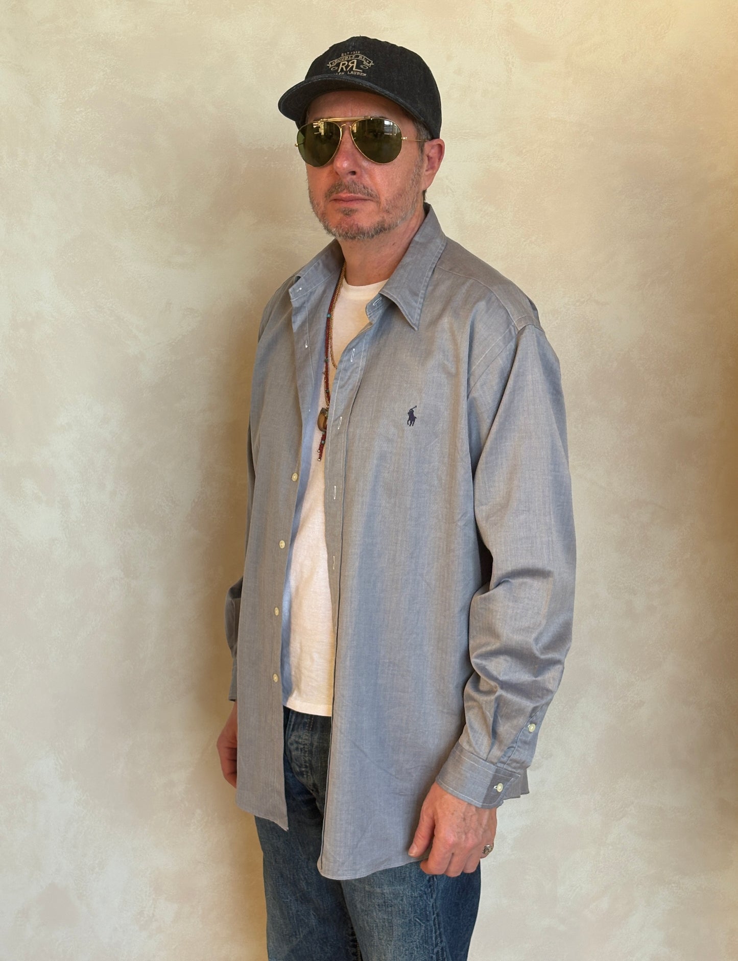 Polo Ralph Lauren Lowell Sport Shirt L Grey Herringbone 100% Cotton
