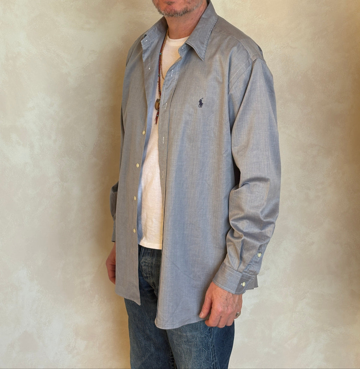 Polo Ralph Lauren Lowell Sport Shirt L Grey Herringbone 100% Cotton-AJ357 Studio