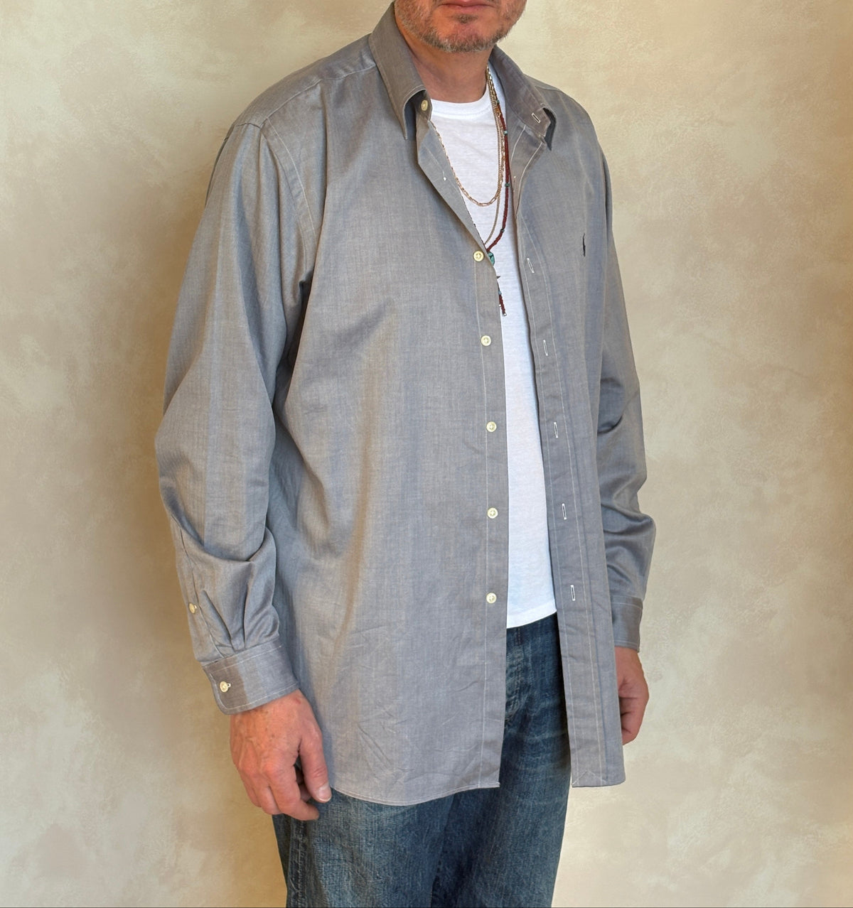 Polo Ralph Lauren Lowell Sport Shirt L Grey Herringbone 100% Cotton-AJ357 Studio