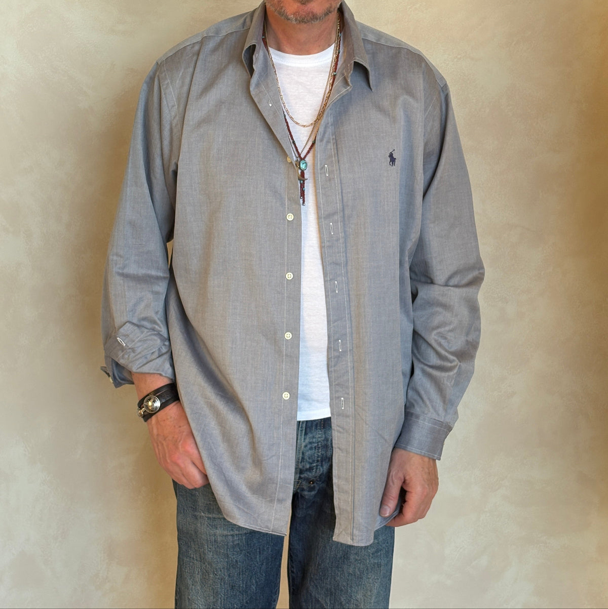 Polo Ralph Lauren Lowell Sport Shirt L Grey Herringbone 100% Cotton-AJ357 Studio