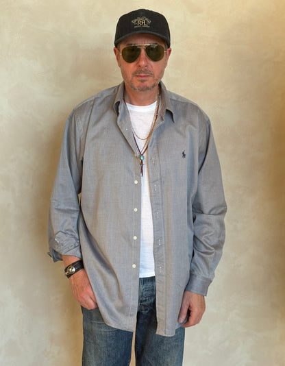 Polo Ralph Lauren Lowell Sport Shirt L Grey Herringbone 100% Cotton