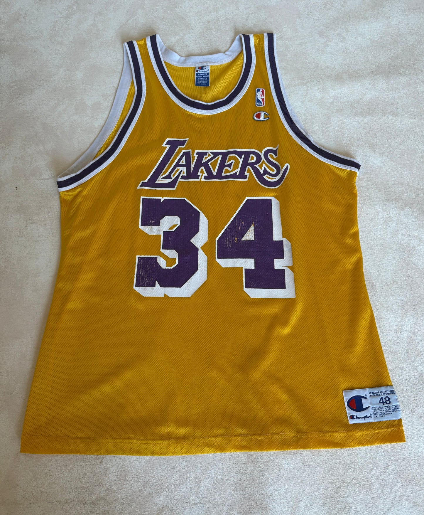 Champion LA Lakers #34 O'Neal Jersey Size 48 Gold Mesh Vintage 90s NBA Authentic