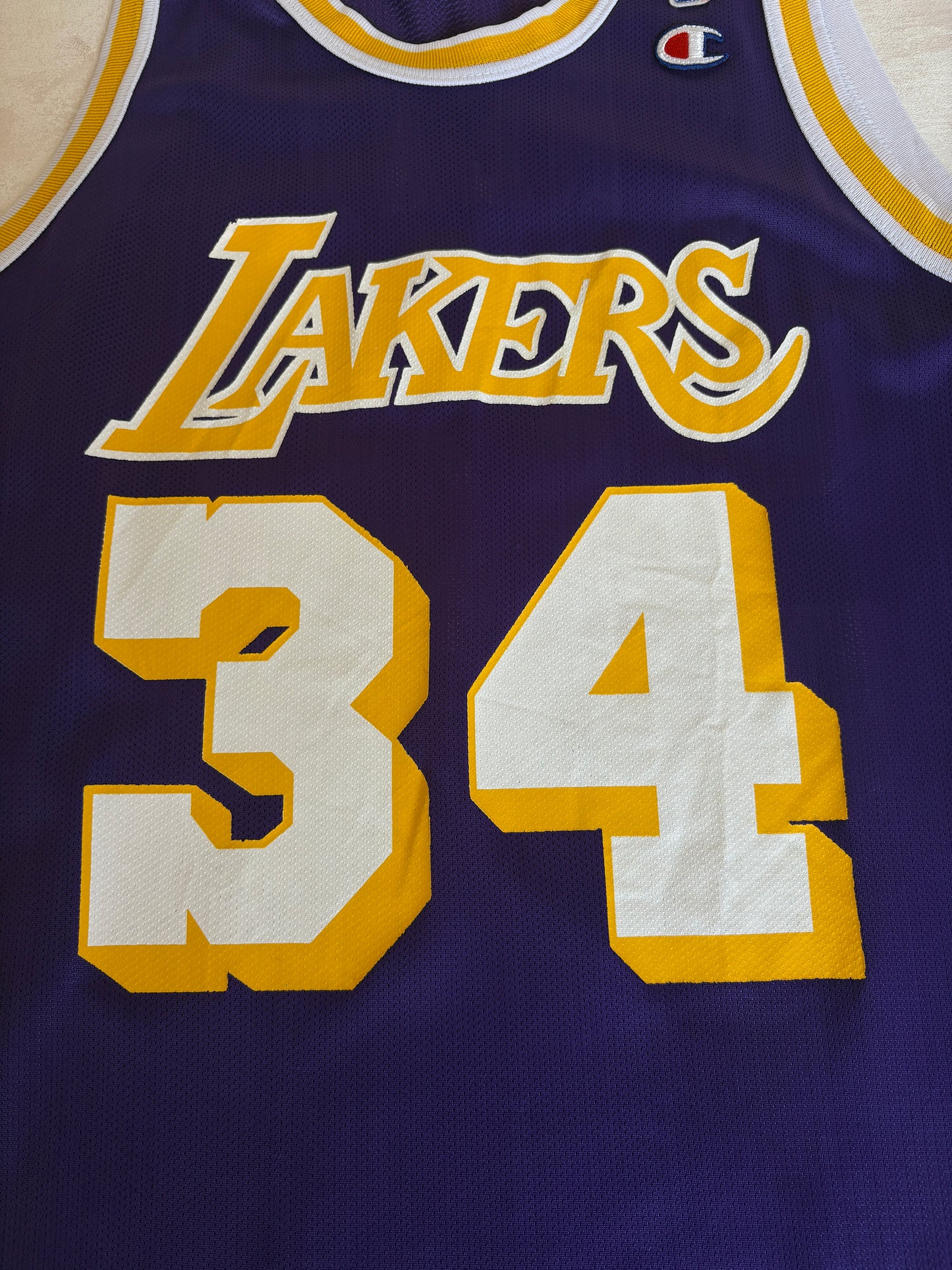 Champion LA Lakers #34 Jersey Size 44 Purple Mesh Vintage 90s NBA Made in USA