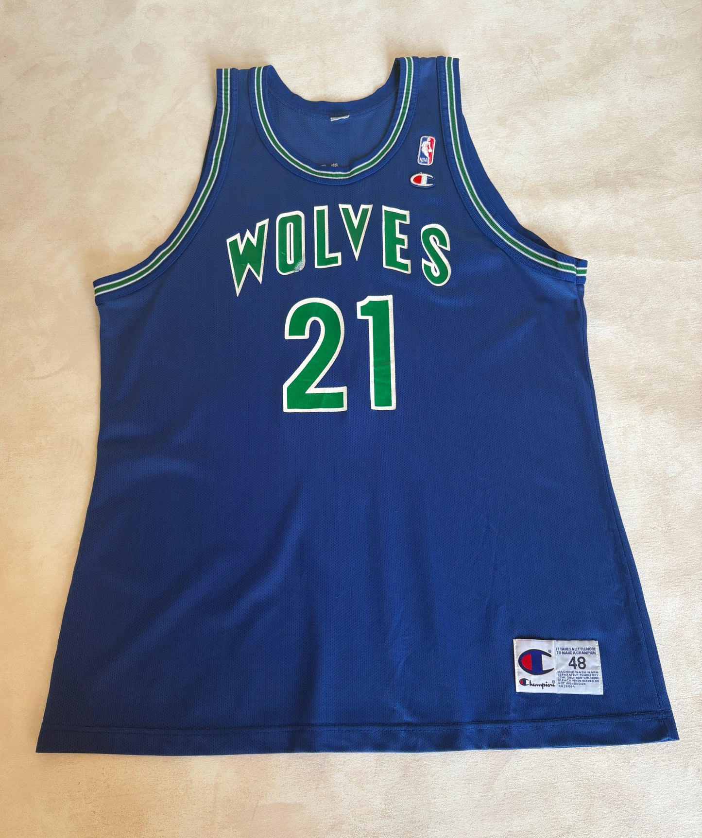 Champion Minnesota Timberwolves #21 Garnett Jersey Size 48 Blue Mesh Vintage 90s
