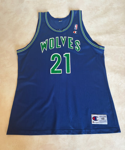 Champion Minnesota Timberwolves #21 Garnett Jersey Size 48 Blue Mesh Vintage 90s