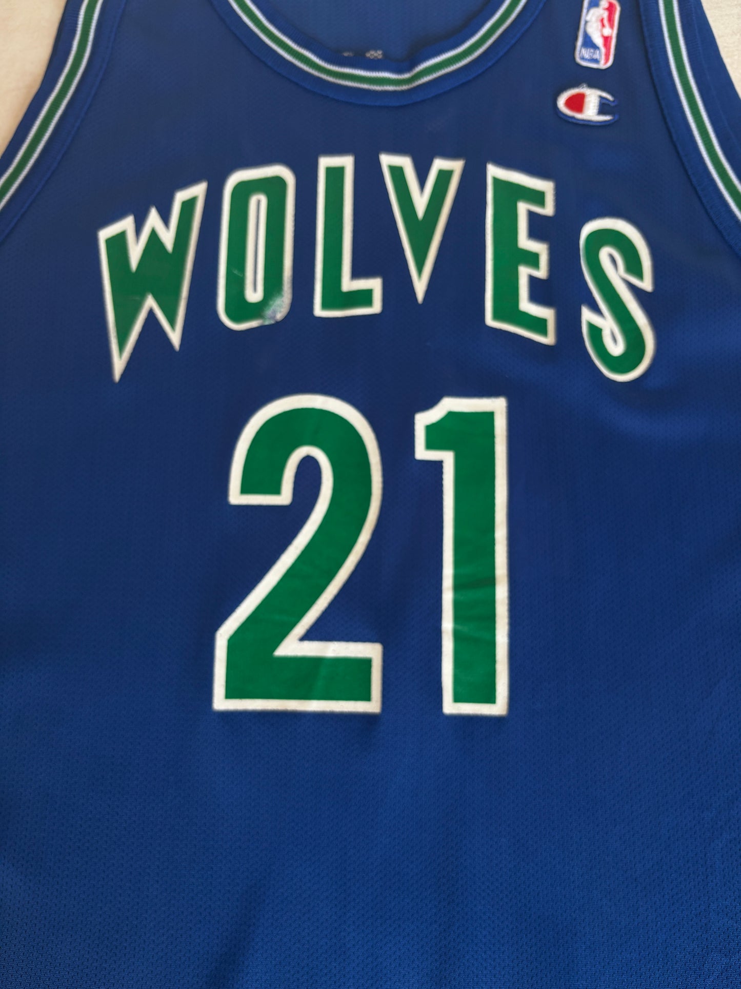 Champion Minnesota Timberwolves #21 Garnett Jersey Size 48 Blue Mesh Vintage 90s