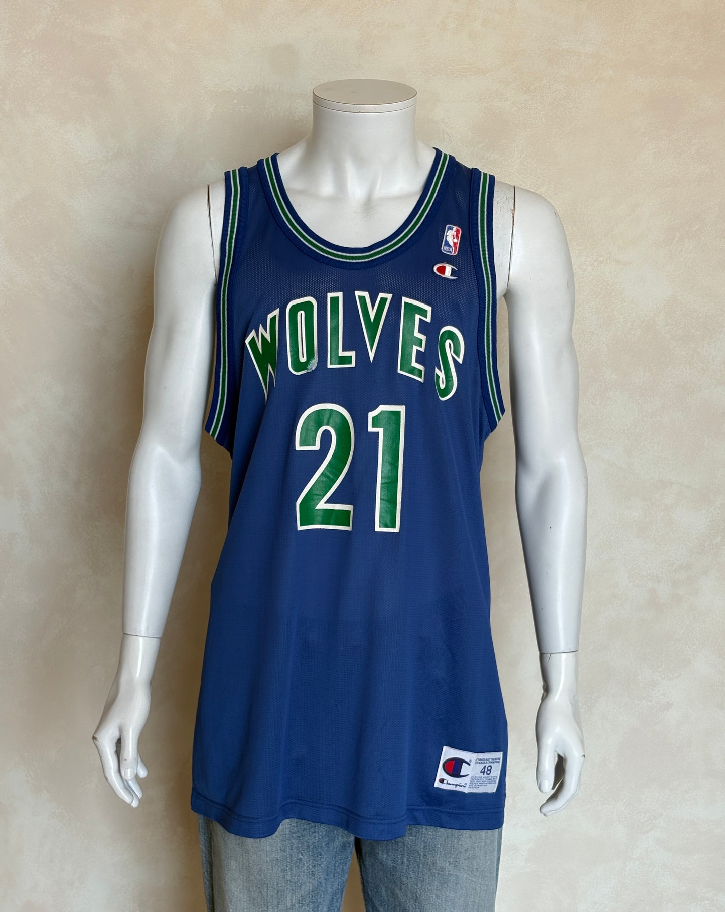 Champion Minnesota Timberwolves #21 Garnett Jersey Size 48 Blue Mesh Vintage 90s