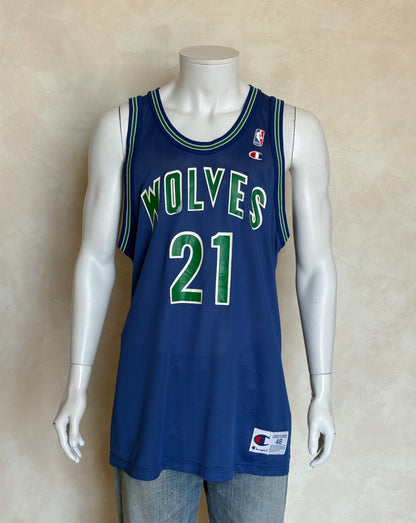 Champion Minnesota Timberwolves #21 Garnett Jersey Size 48 Blue Mesh Vintage 90s