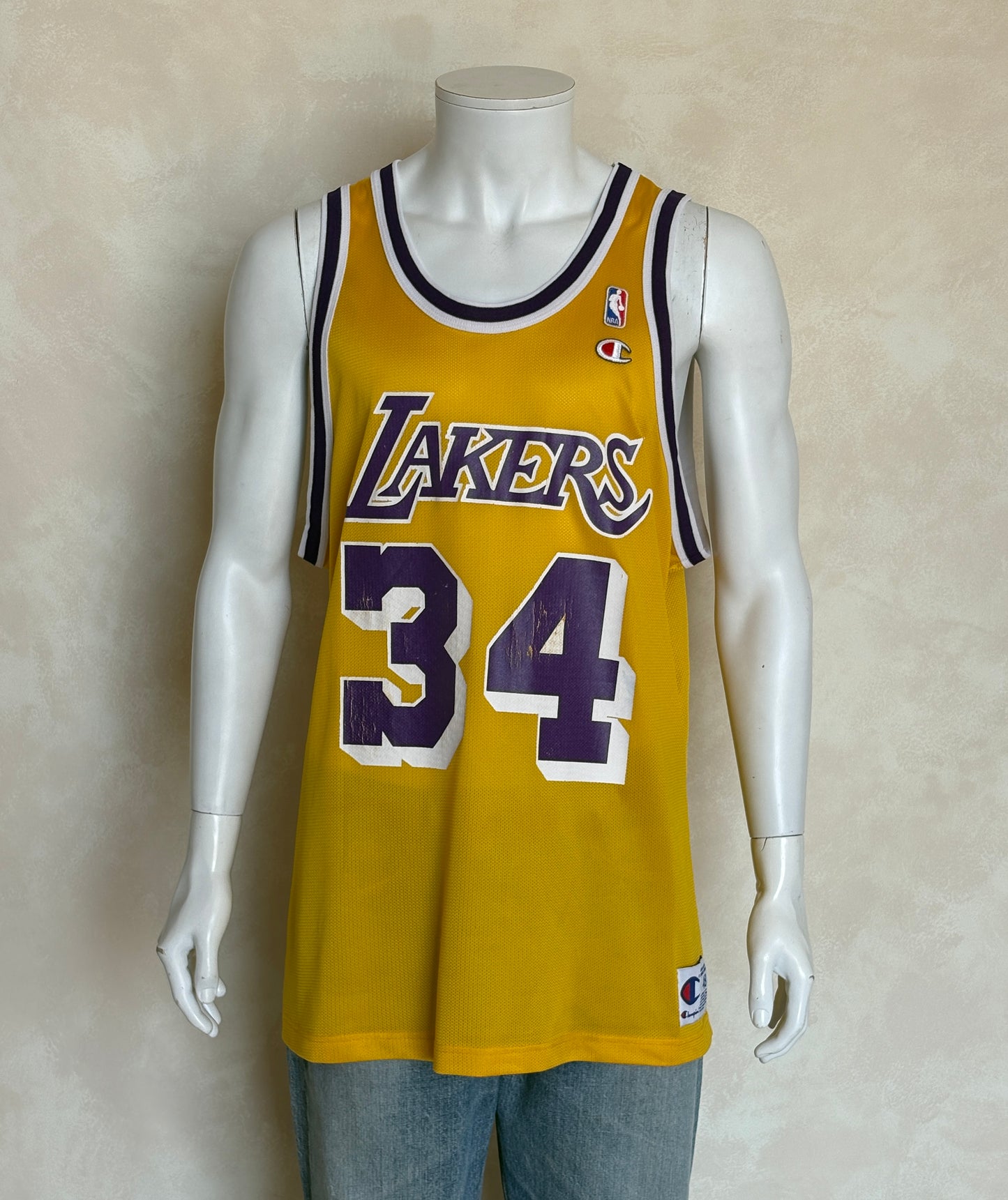 Champion LA Lakers #34 O'Neal Jersey Size 48 Gold Mesh Vintage 90s NBA Authentic