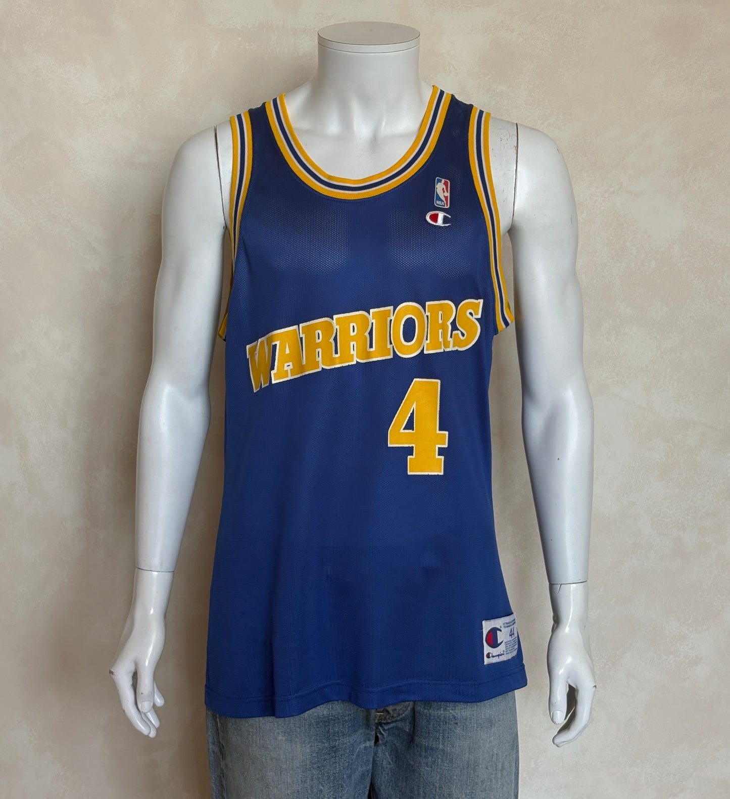 Champion Golden State Warriors Chris Webber #4 Jersey Size 44 Blue Yellow Mesh 90s NBA