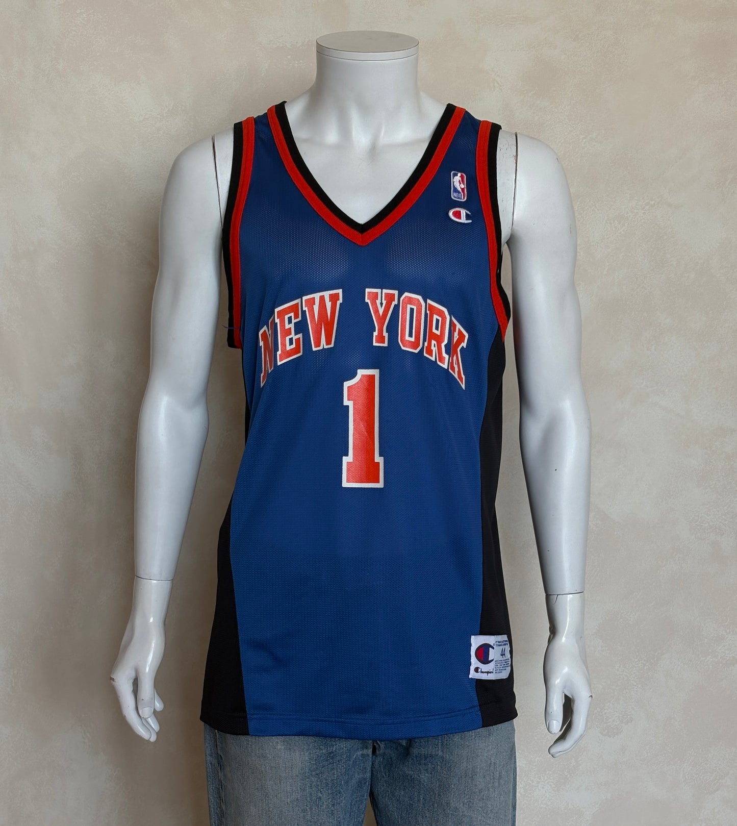 Champion New York Knicks Allan Houston #1 Jersey Size L/44 Blue Black Orange Mesh 90s NBA