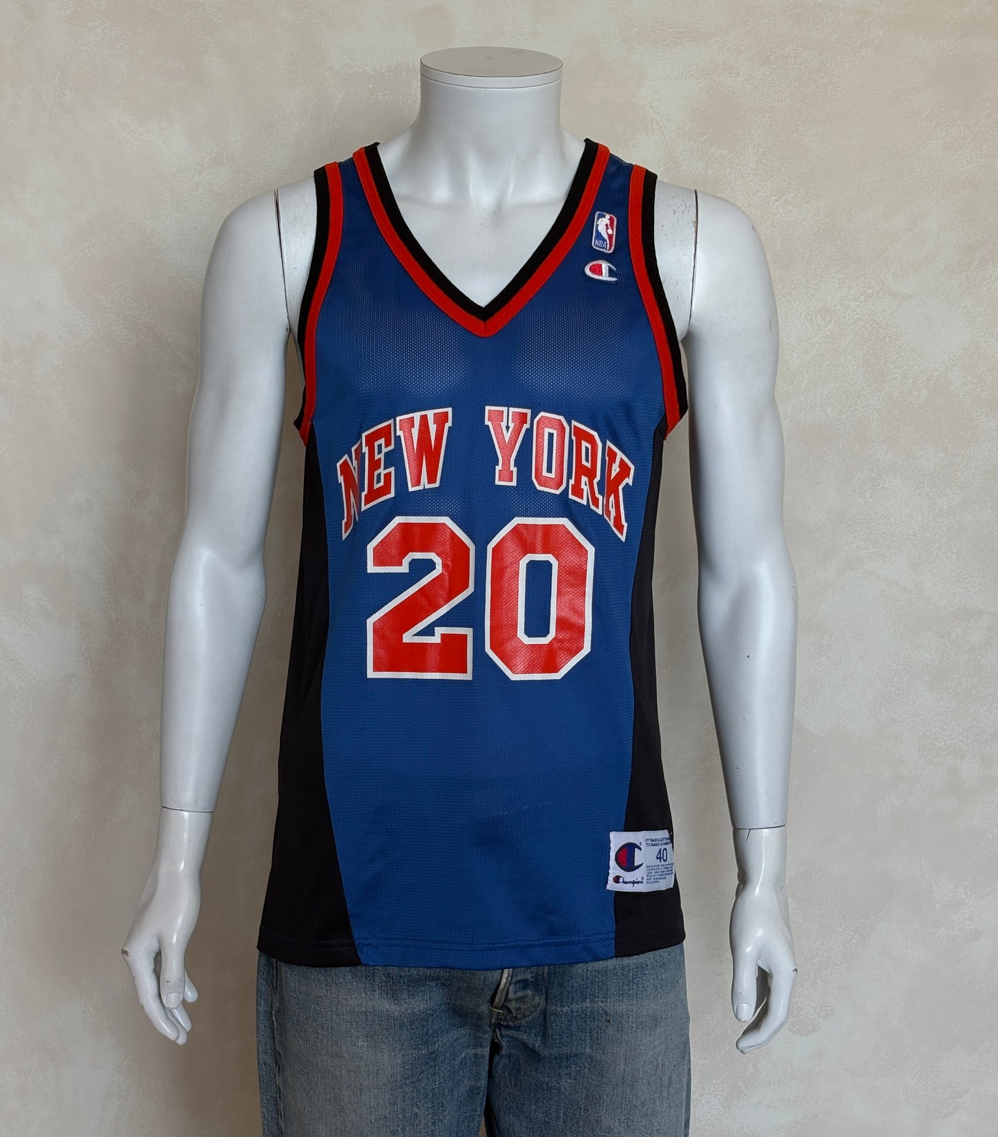 Champion New York Knicks Larry Johnson #20 Jersey Size M/40 Blue Black Orange Mesh 90s NBA