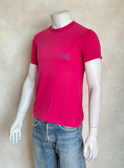 Vintage 80s Hobie Surf T-Shirt — Bright Pink Single Stitch Tee with Colorful Graphic Back Print — Small-AJ357 Studio